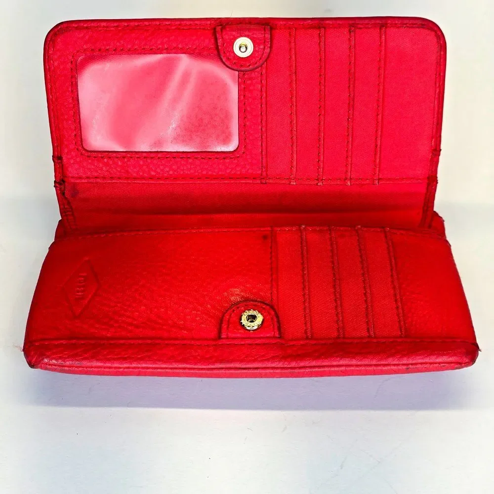 Fossil Red Pebbled Leather Wallet Clutch Card‎ Holder Zip Around Organizer Snap